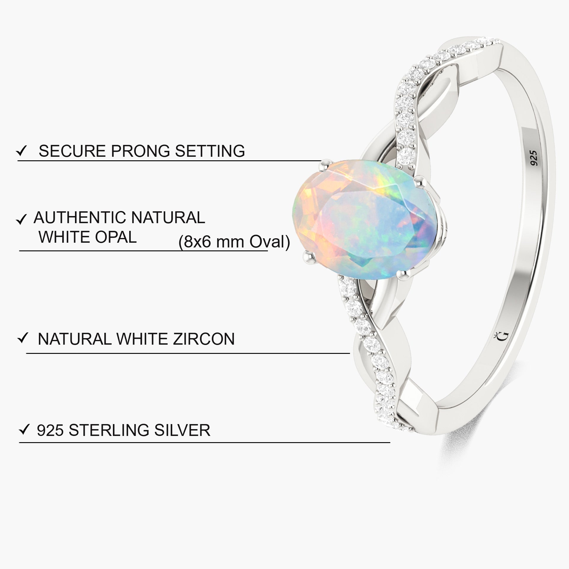 Oval Shape 8X6 MM Natural White Opal Crossover Statement Ring - Goodstone Jewels