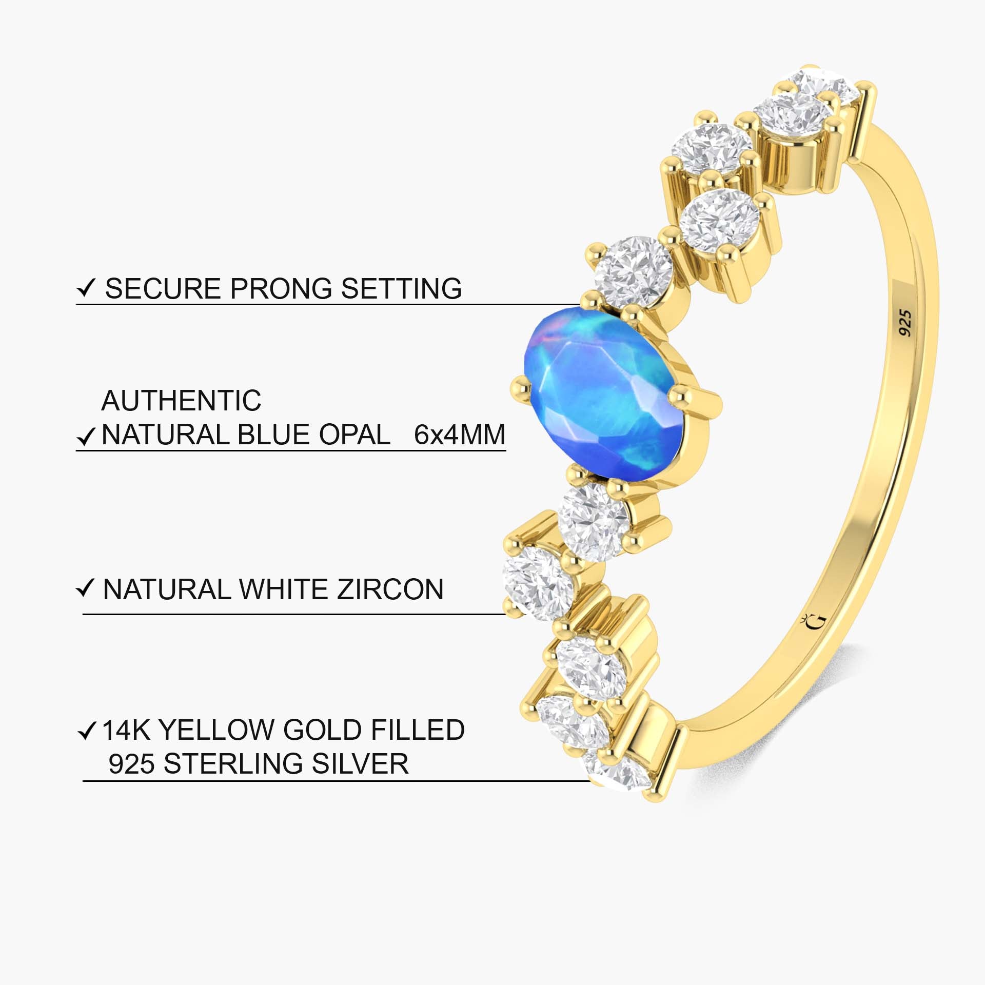 Oval shape Blue fire opal with zircon Gold vermeil ring - Goodstone Jewels