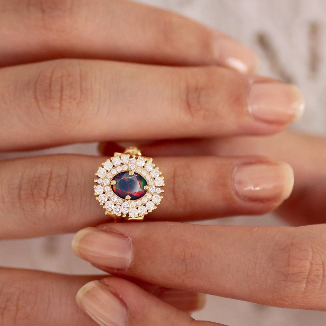 Oval Shape Natural Black Opal Double Halo Wedding Ring - Goodstone Jewels