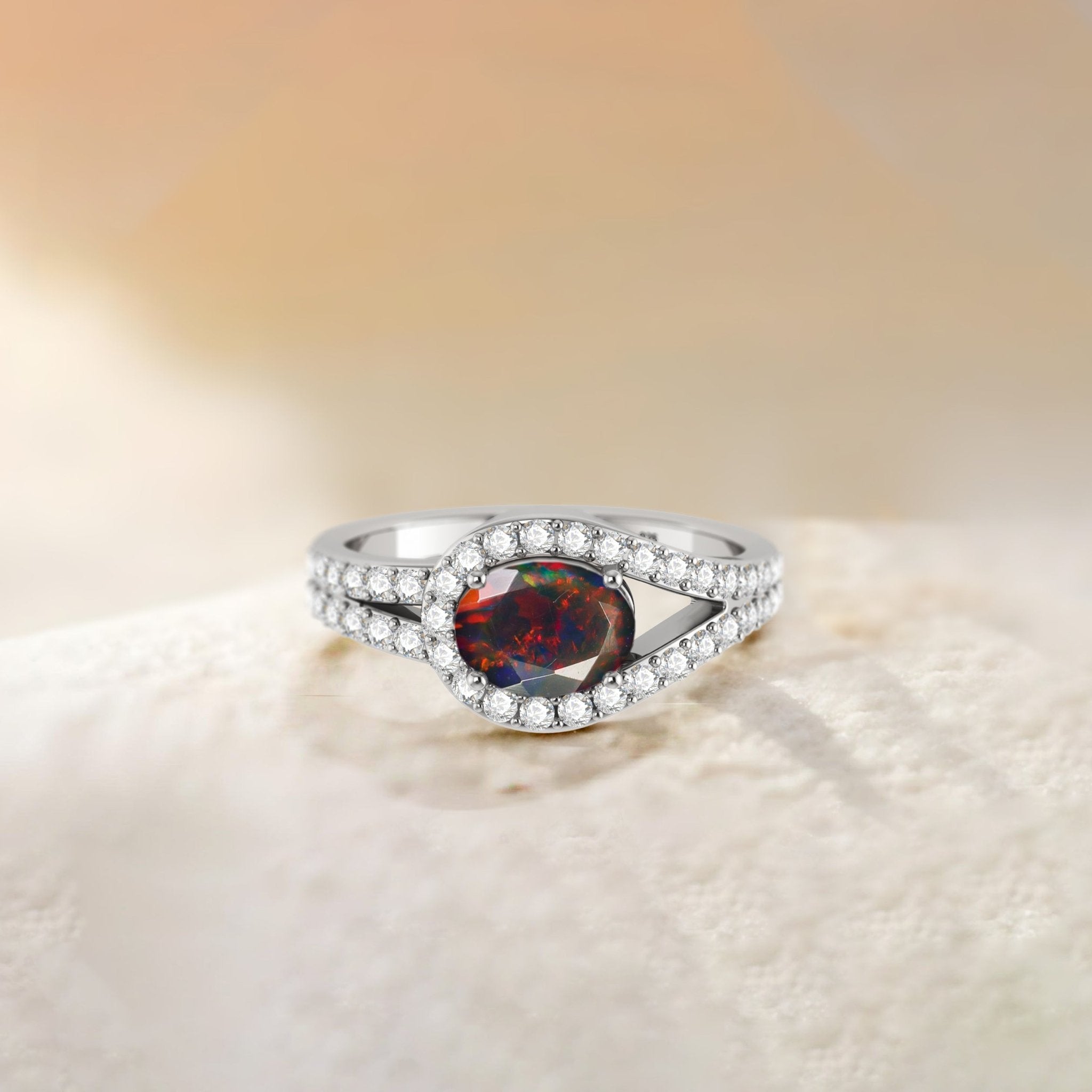 Oval Shape Natural Black Opal Engagement Ring in Silver - Goodstone Jewels