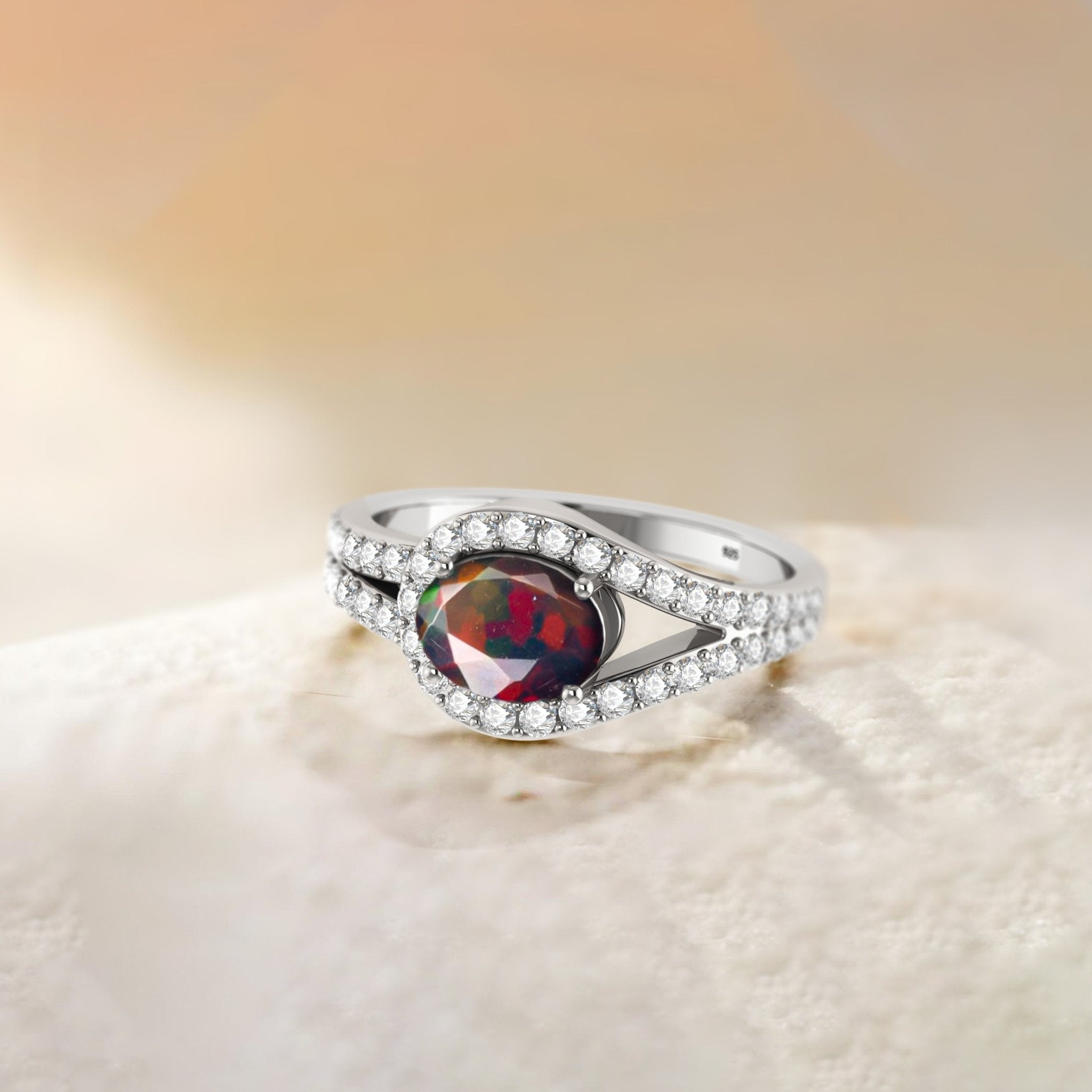 Oval Shape Natural Black Opal Engagement Ring in Silver - Goodstone Jewels