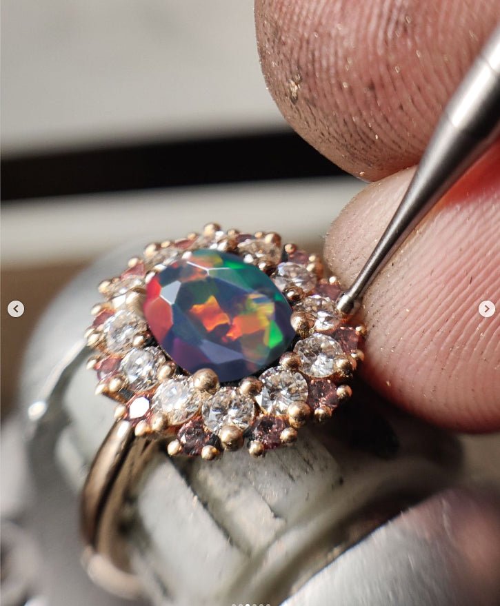 Oval Shape Natural Black Opal Floral Style Halo Ring - Goodstone Jewels