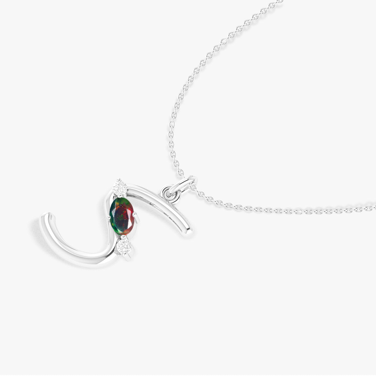 Oval Shape Natural Black Opal 'S' Initial Alphabet Pendant Necklace - Goodstone Jewels