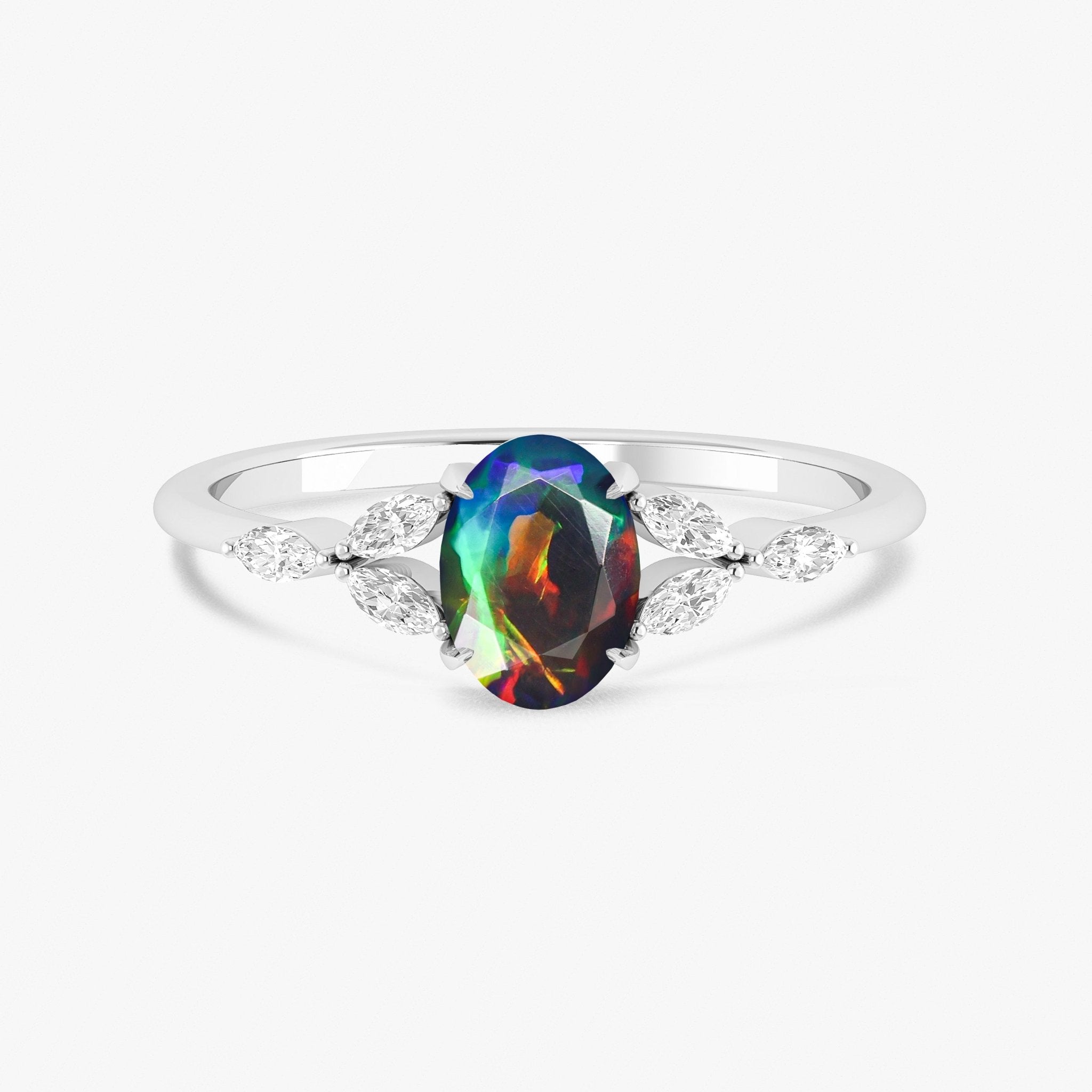 Oval Shape Natural Black Opal Statement Ring in Silver & Yellow Gold Filled - Goodstone Jewels