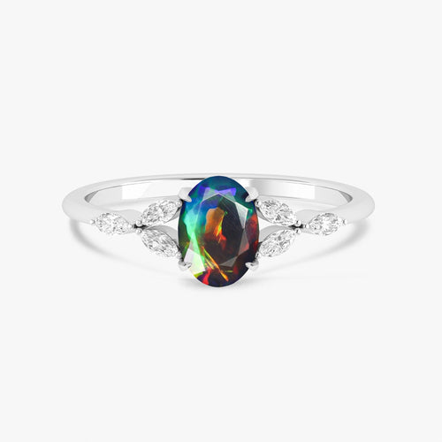 Black Opal Leaf Ring in Silver & Gold