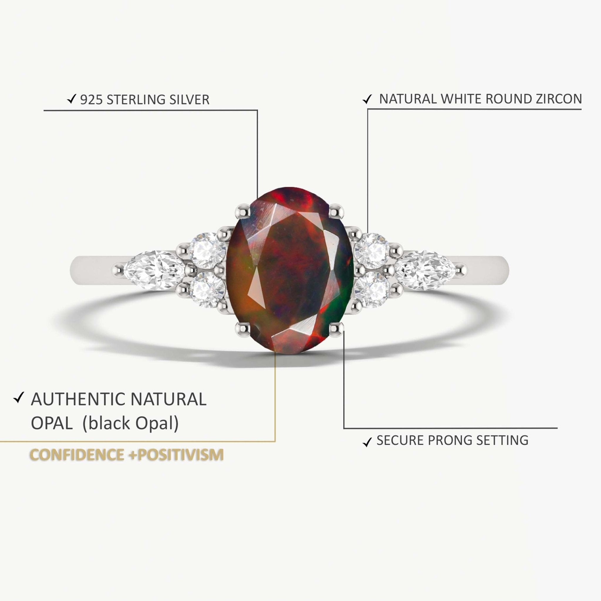 Oval Shape Natural Black Opal & White Zircon Solitaire with Accents Ring - Goodstone Jewels