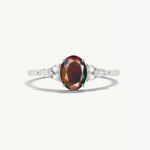 Oval Shape Natural Black Opal & White Zircon Solitaire with Accents Ring