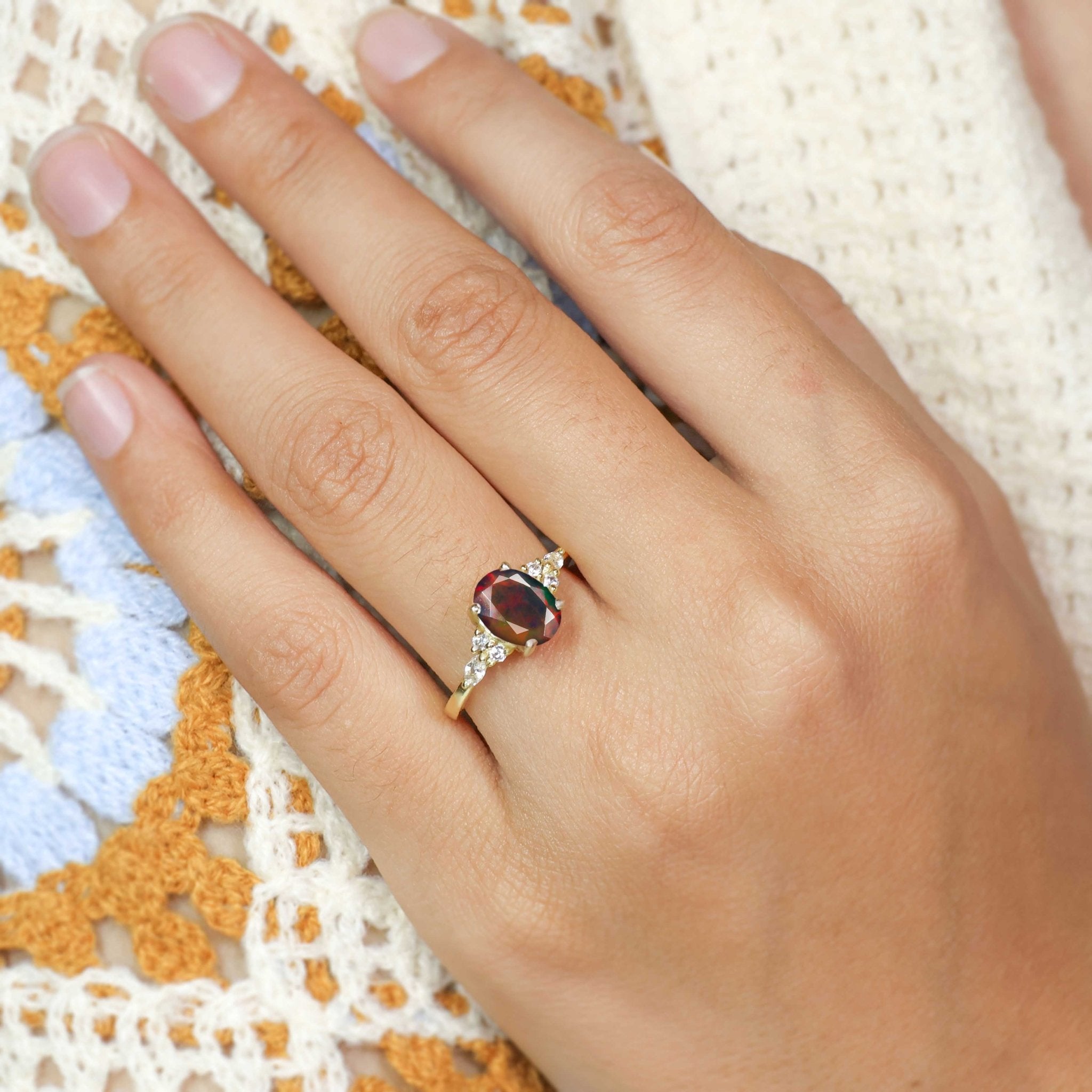 Oval Shape Natural Black Opal & White Zircon Solitaire with Accents Ring - Goodstone Jewels