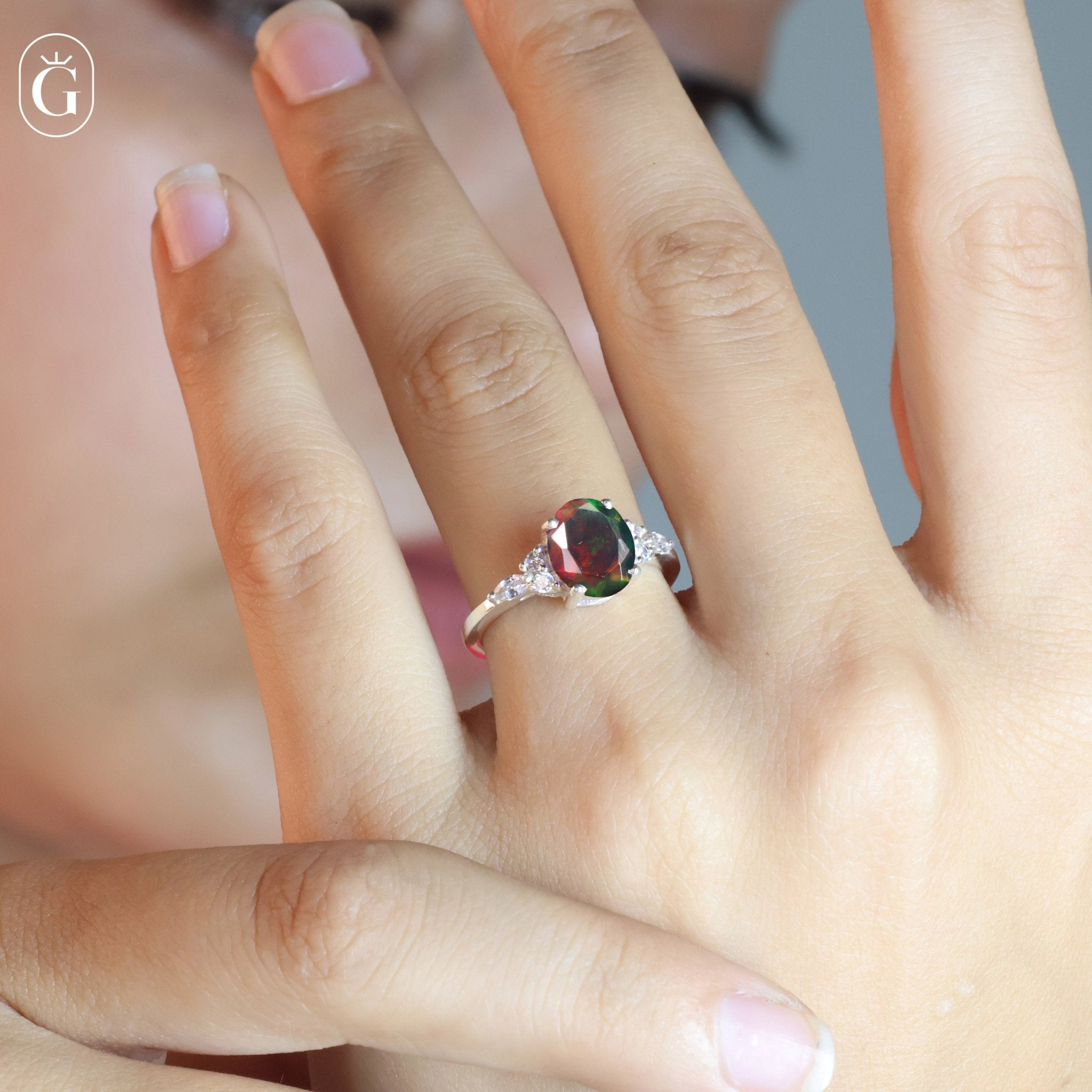 Oval Shape Natural Black Opal & White Zircon Solitaire with Accents Ring - Goodstone Jewels