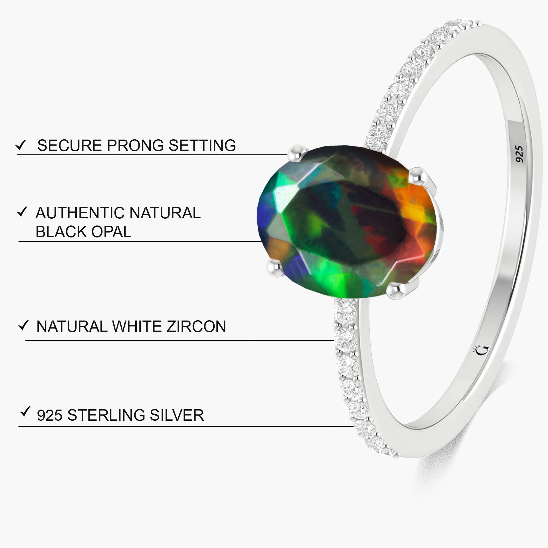 Oval Shape Natural Black Opal with White Zircon Solitaire Wedding Ring - Goodstone Jewels
