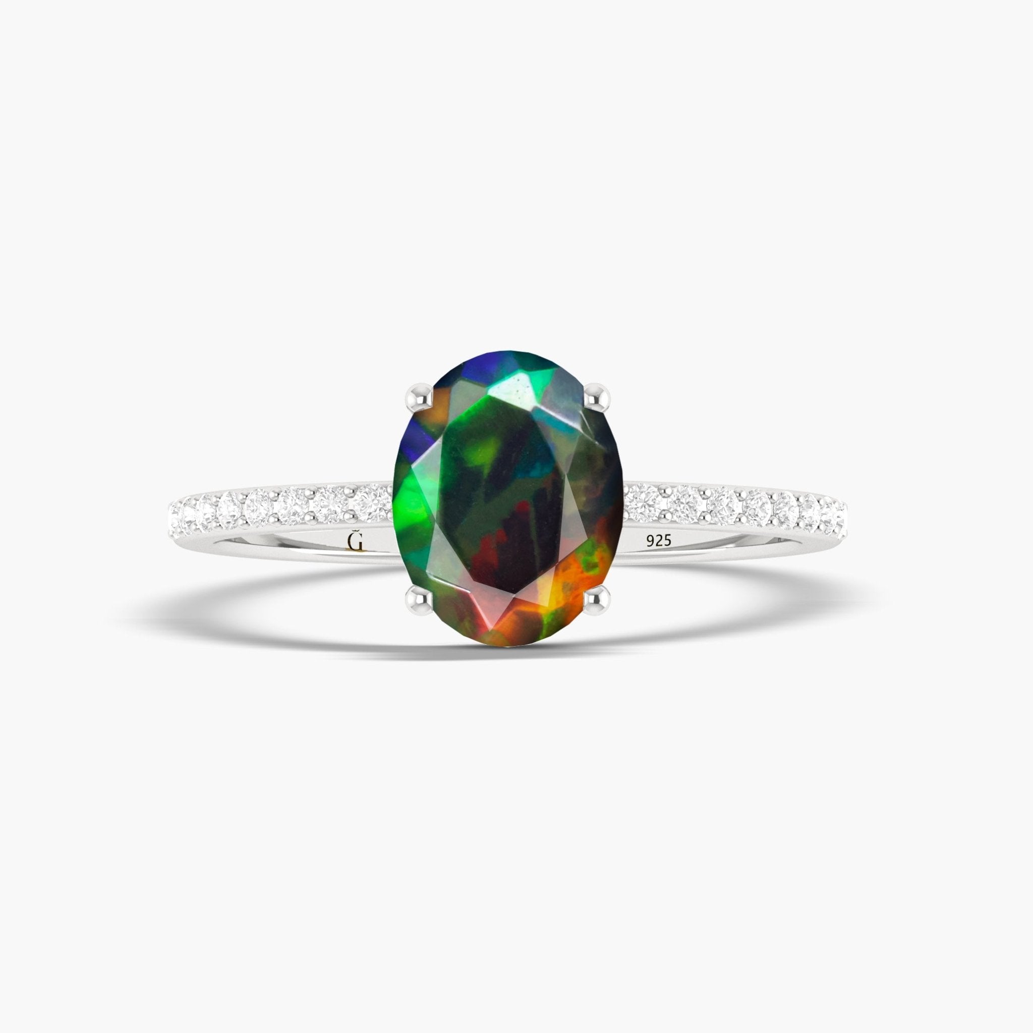 Oval Shape Natural Black Opal with White Zircon Solitaire Wedding Ring - Goodstone Jewels