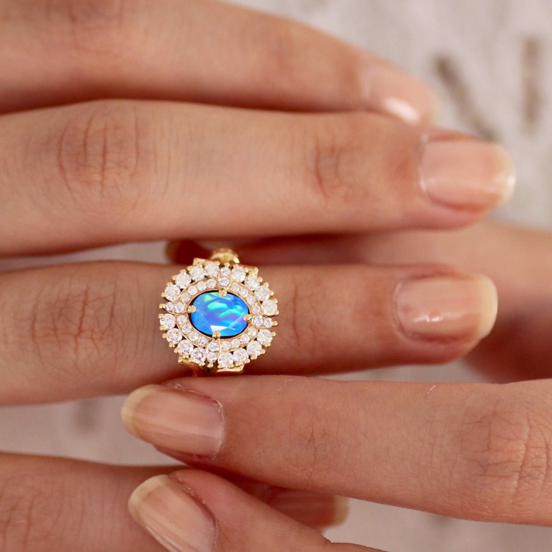 Oval Shape Natural Blue Opal Double Halo Wedding Ring - Goodstone Jewels