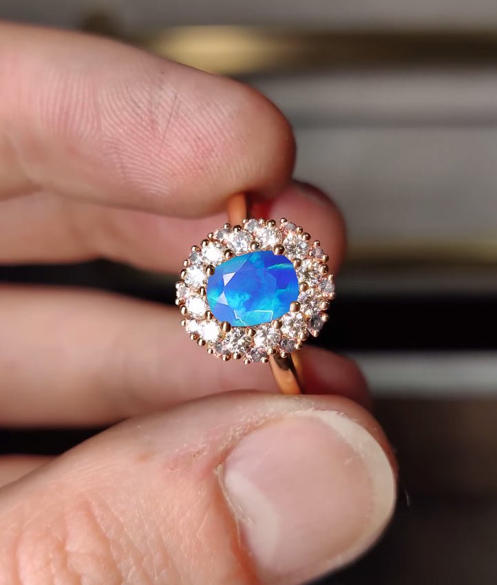 Oval Shape Natural Blue Opal Floral Style Halo Ring - Goodstone Jewels