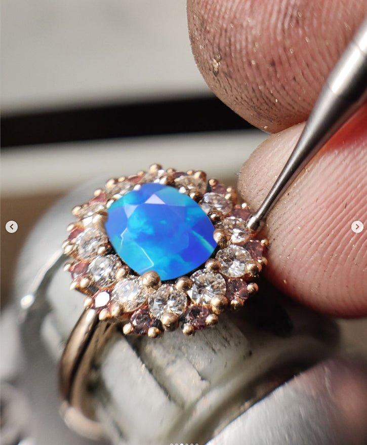 Oval Shape Natural Blue Opal Floral Style Halo Ring - Goodstone Jewels
