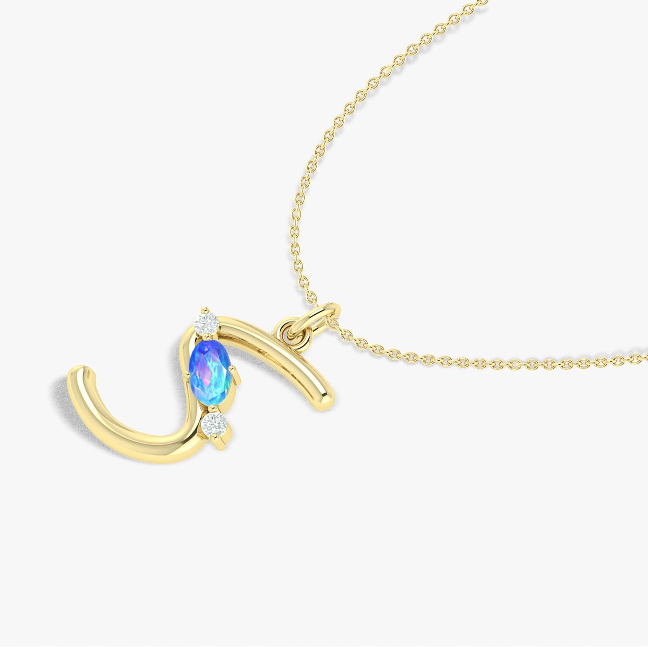 Oval Shape Natural Blue Opal 'S' Initial Alphabet Pendant Necklace - Goodstone Jewels