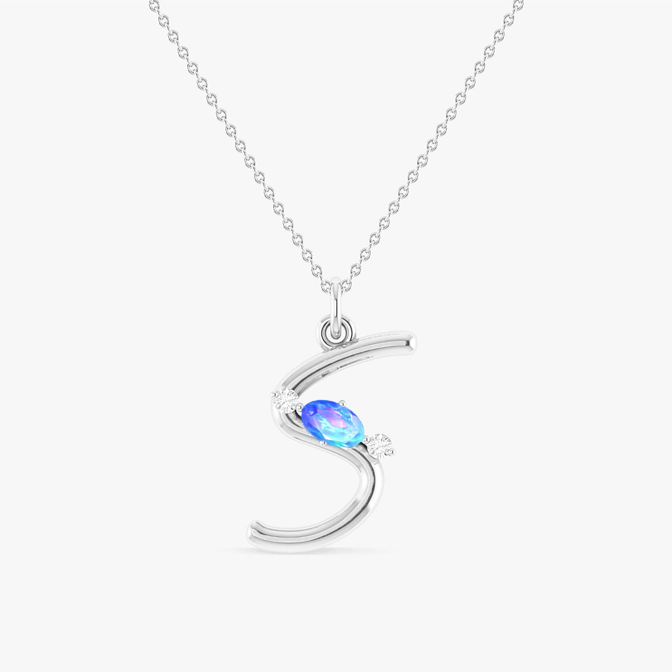 Oval Shape Natural Blue Opal 'S' Initial Alphabet Pendant Necklace - Goodstone Jewels