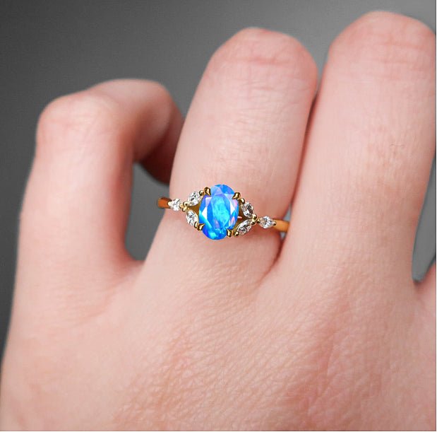 Oval Shape Natural Blue Opal Statement Ring in Silver & Yellow Gold Filled - Goodstone Jewels