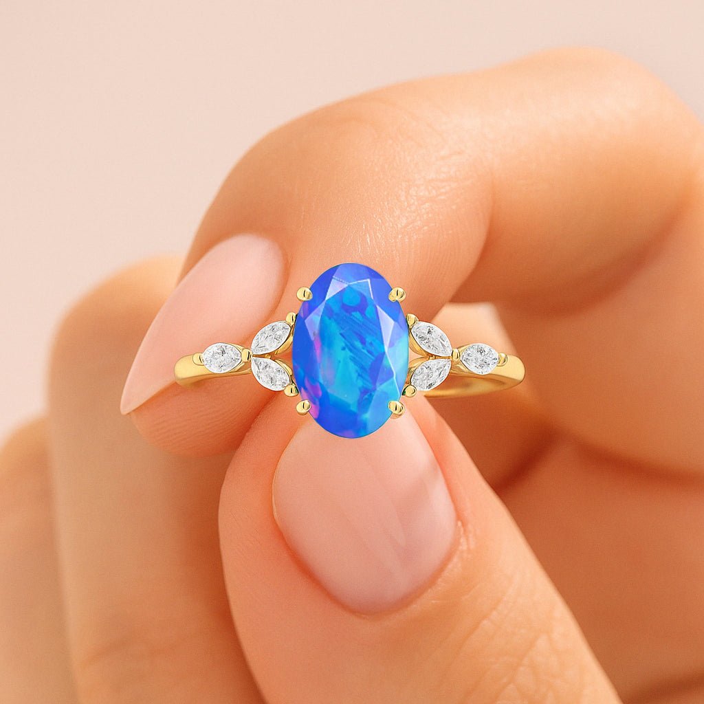 Oval Shape Natural Blue Opal Statement Ring in Silver & Yellow Gold Filled - Goodstone Jewels