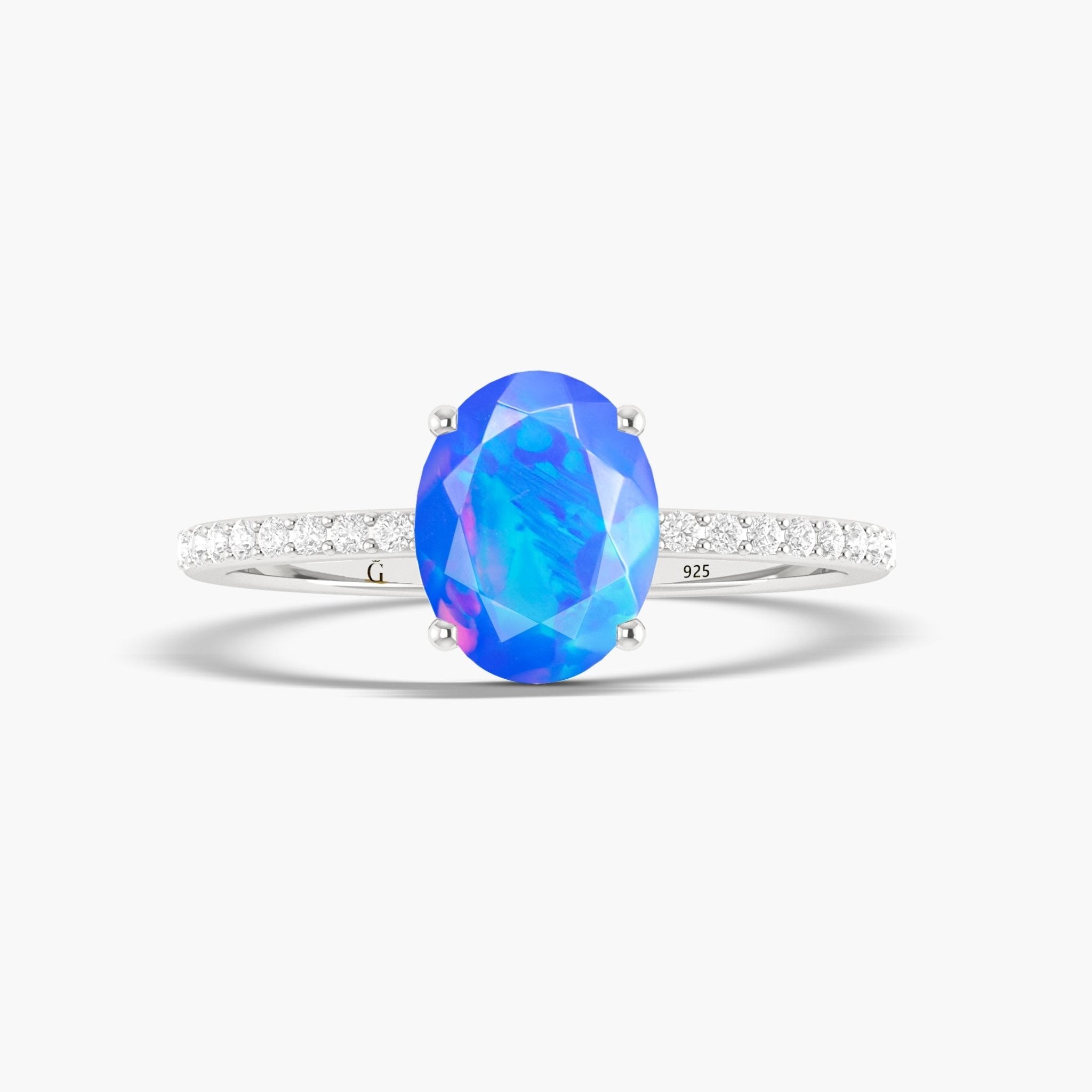 Oval Shape Natural Blue Opal with White Zircon Solitaire Wedding Ring - Goodstone Jewels