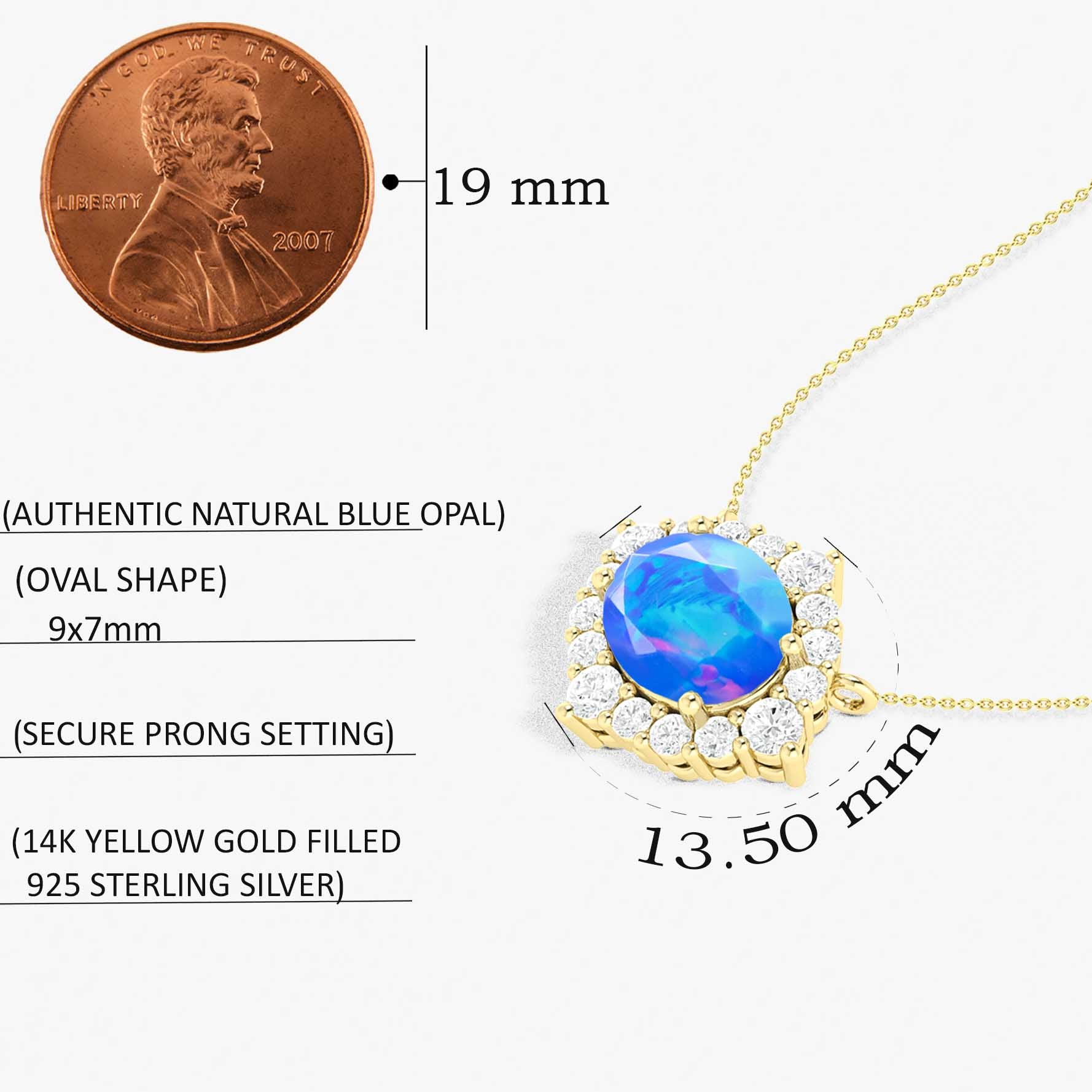 Oval Shape Natural Blue Opal with Zircon Halo Pendant Chain Necklace - Goodstone Jewels
