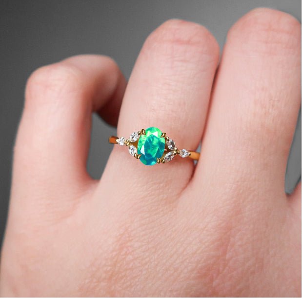 Oval Shape Natural Green Opal Statement Ring in Silver & Yellow Gold Filled - Goodstone Jewels