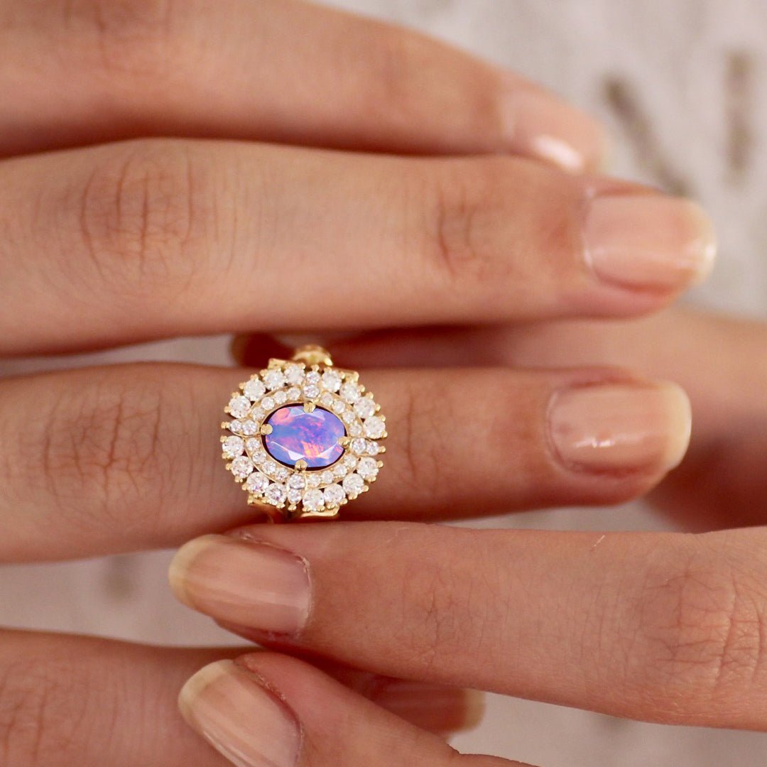 Oval Shape Natural Lavender Opal Double Halo Wedding Ring - Goodstone Jewels