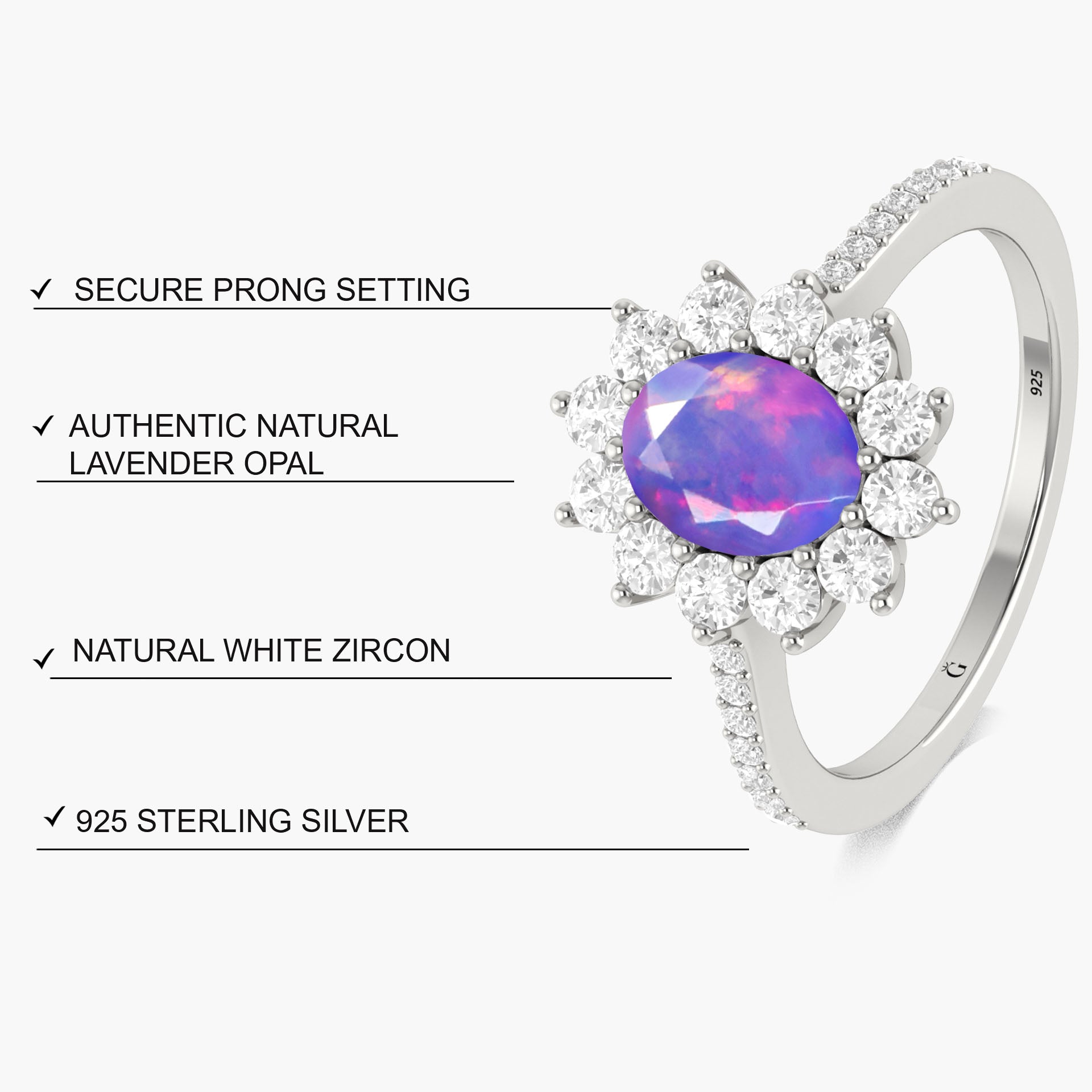 Oval Shape Natural Lavender Opal Floral Style Halo Ring - Goodstone Jewels