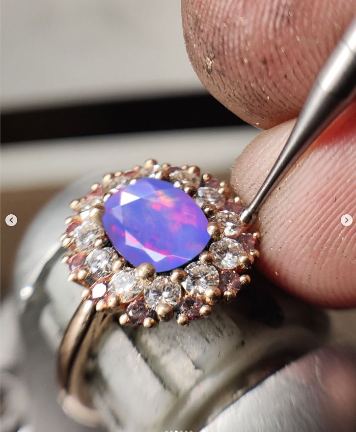 Oval Shape Natural Lavender Opal Floral Style Halo Ring - Goodstone Jewels