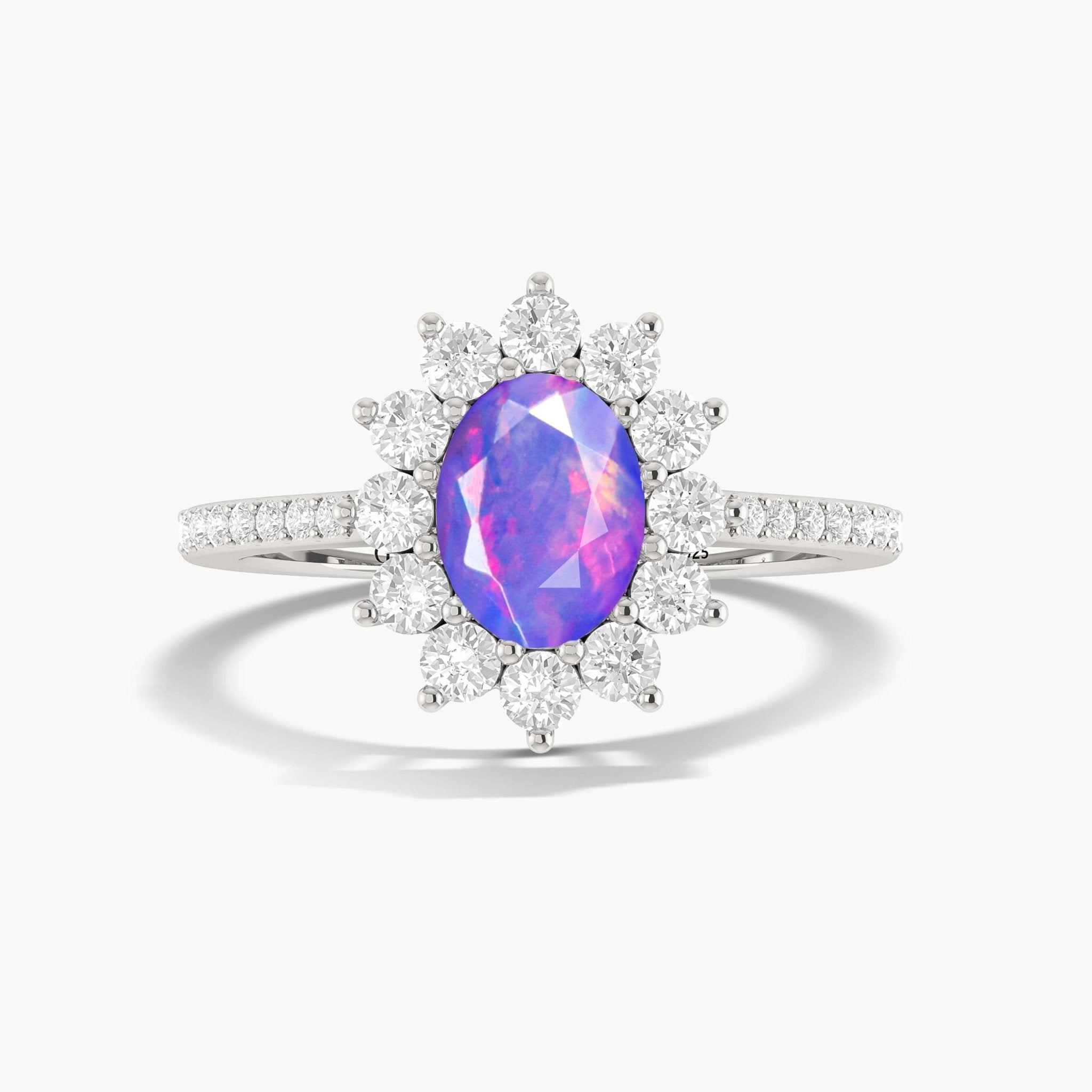 Oval Shape Natural Lavender Opal Floral Style Halo Ring - Goodstone Jewels