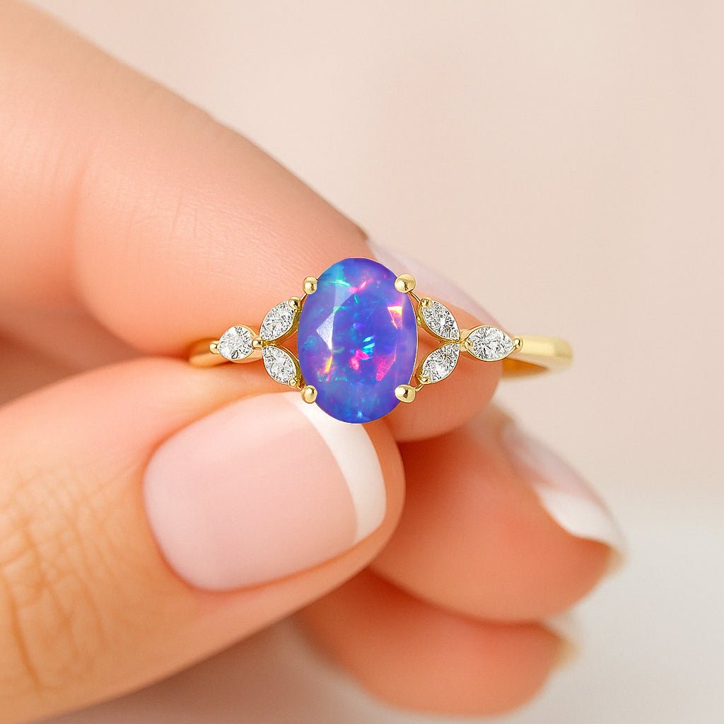 Oval Shape Natural Lavender Opal Statement Ring in Silver & Yellow Gold Filled - Goodstone Jewels