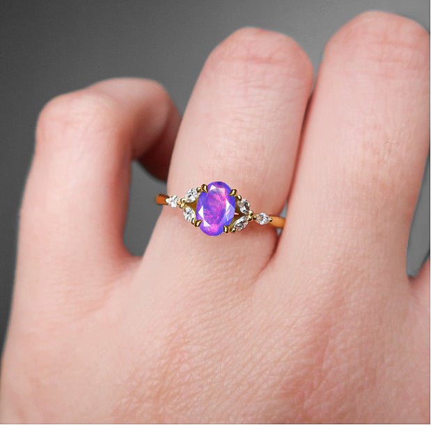 Oval Shape Natural Lavender Opal Statement Ring in Silver & Yellow Gold Filled - Goodstone Jewels