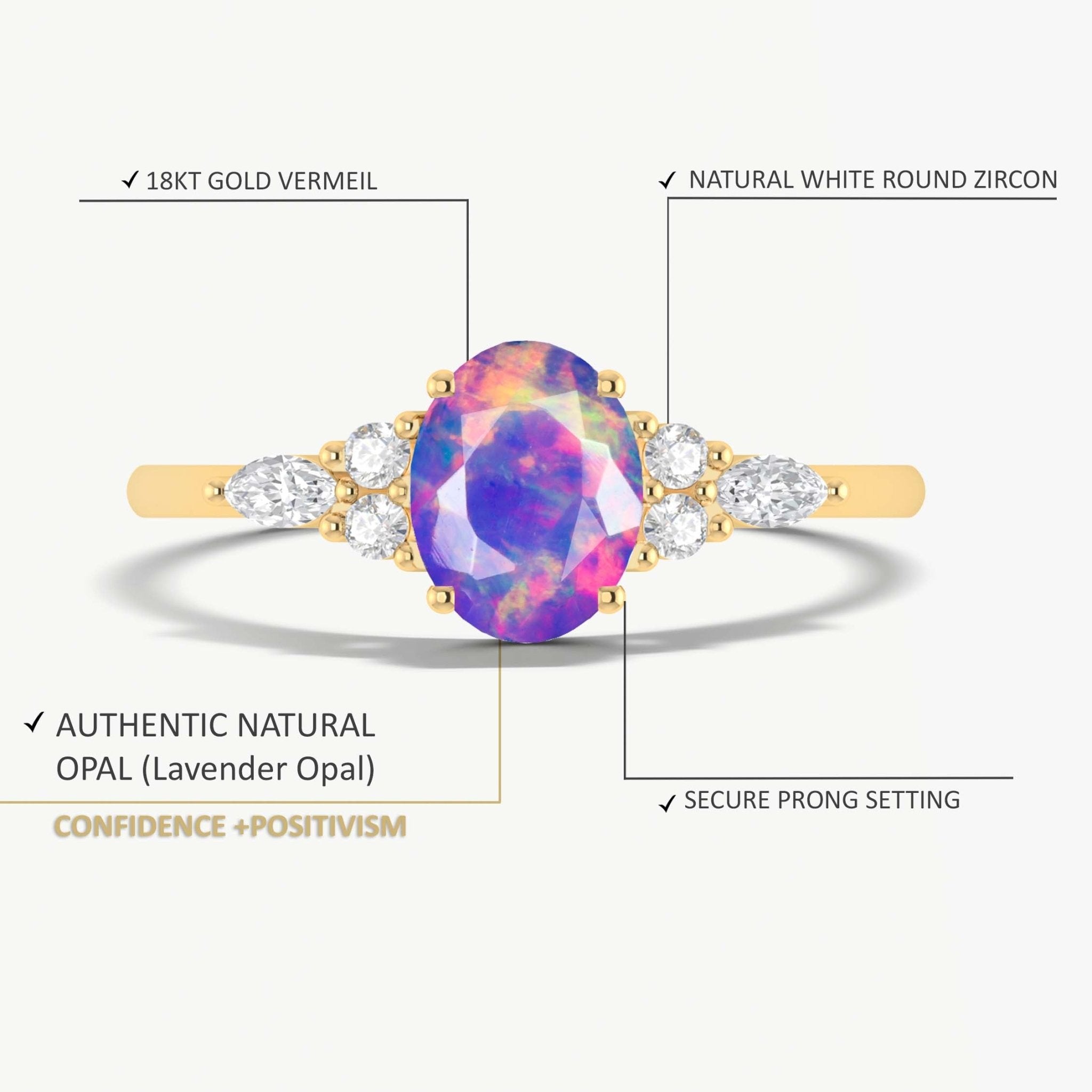 Oval Shape Natural Lavender Opal & Zircon Solitaire with Accents Ring - Goodstone Jewels