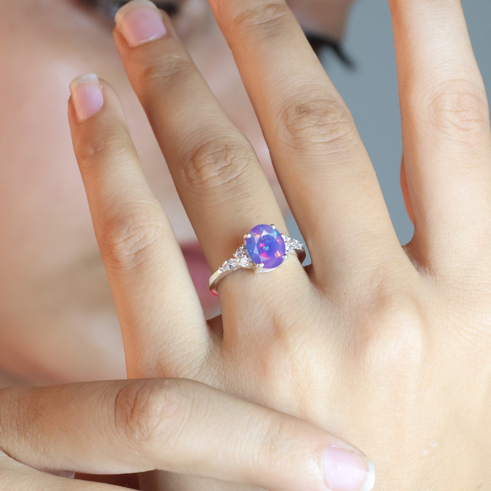Oval Shape Natural Lavender Opal & Zircon Solitaire with Accents Ring - Goodstone Jewels