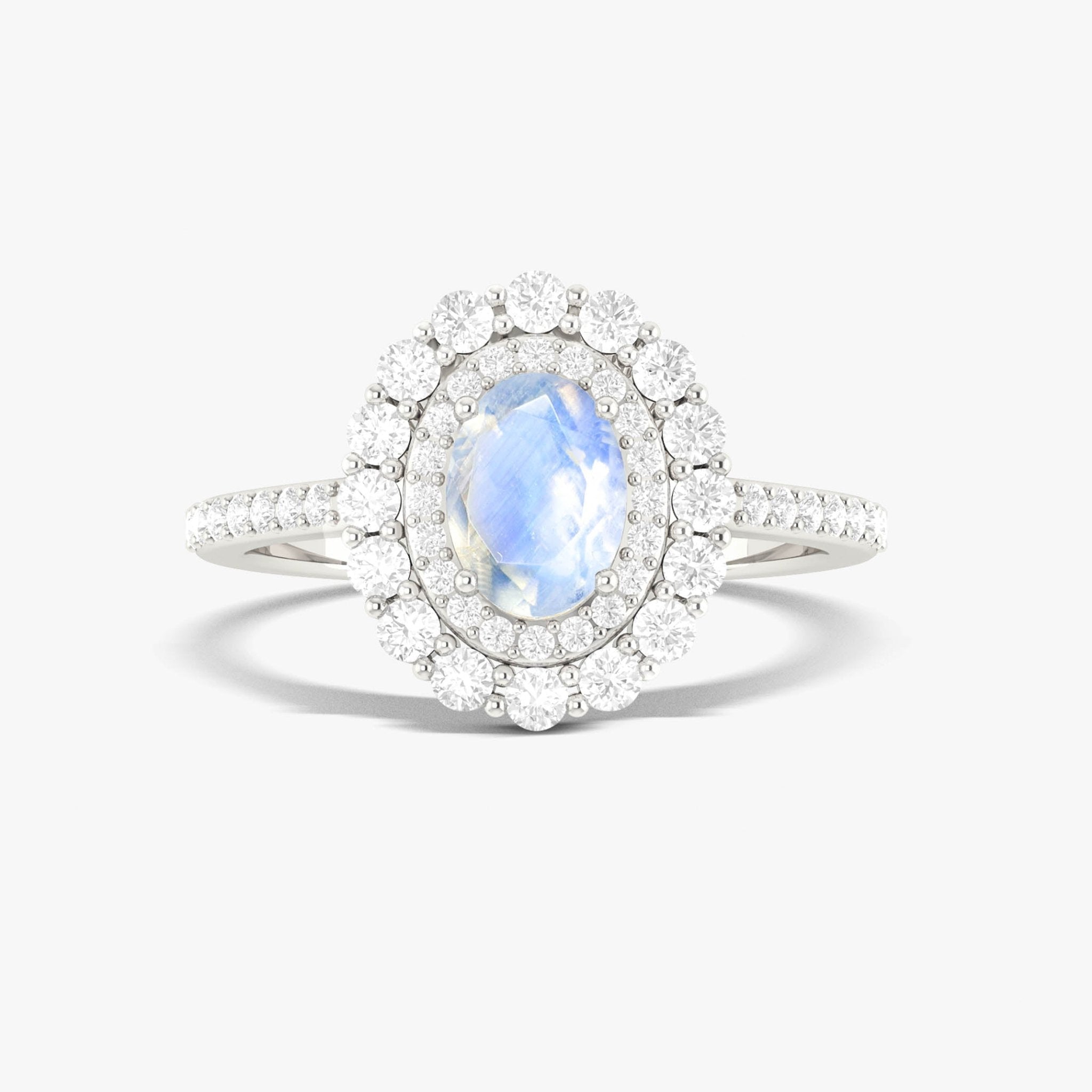 Oval Shape Natural Moonstone Double Halo Wedding Ring - Goodstone Jewels