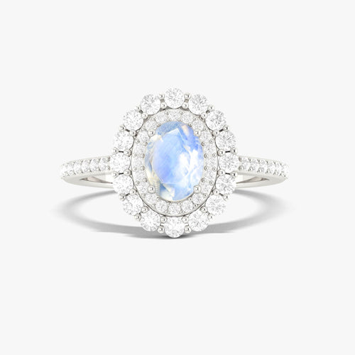 Natural Moonstone Double Halo Wedding Ring