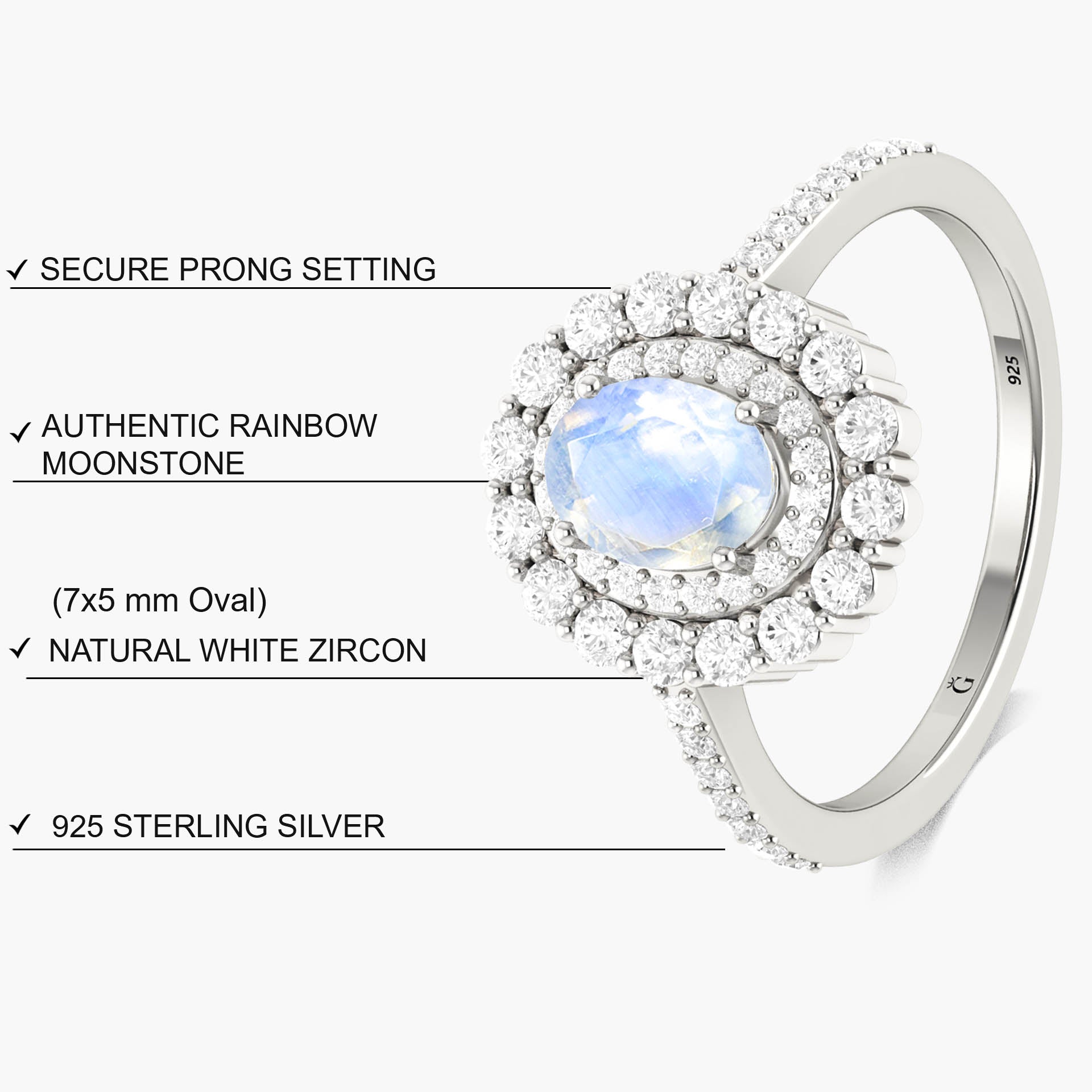 Oval Shape Natural Moonstone Double Halo Wedding Ring - Goodstone Jewels