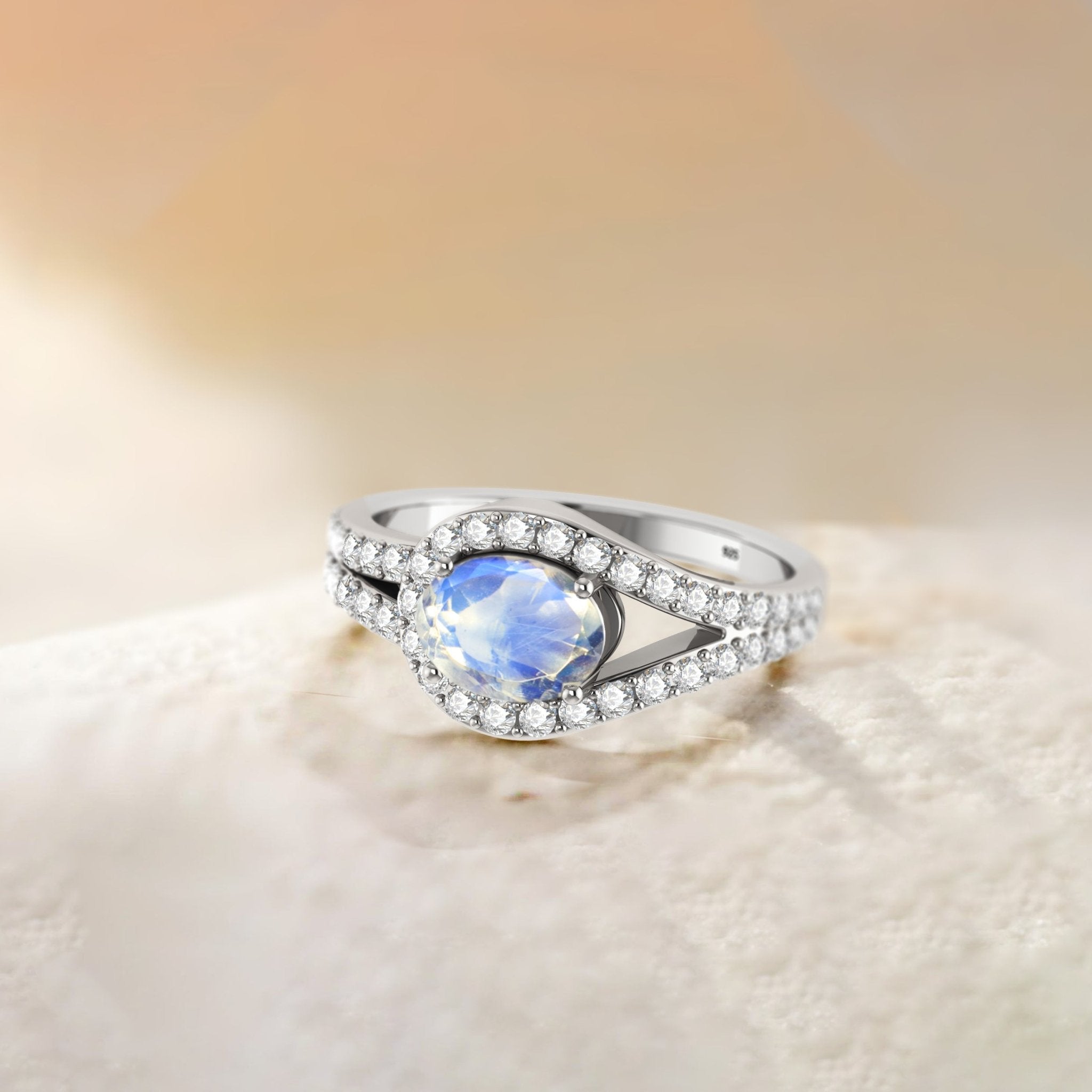 Oval Shape Natural Moonstone Engagement Ring in Silver - Goodstone Jewels