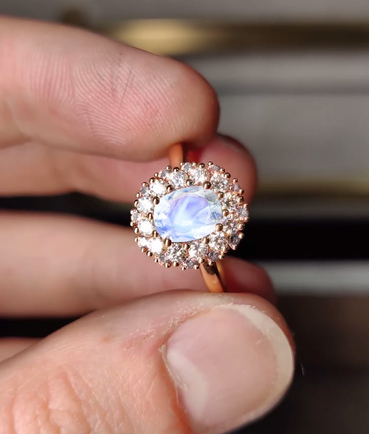 Oval Shape Natural Moonstone Floral Style Halo Ring - Goodstone Jewels