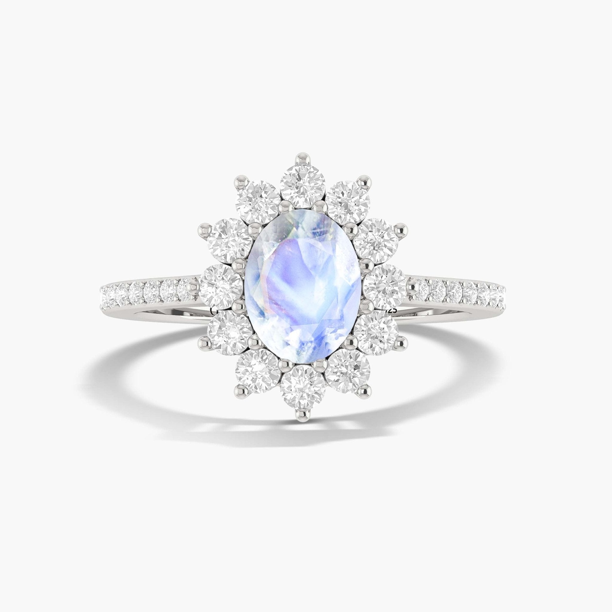 Oval Shape Natural Moonstone Floral Style Halo Ring - Goodstone Jewels