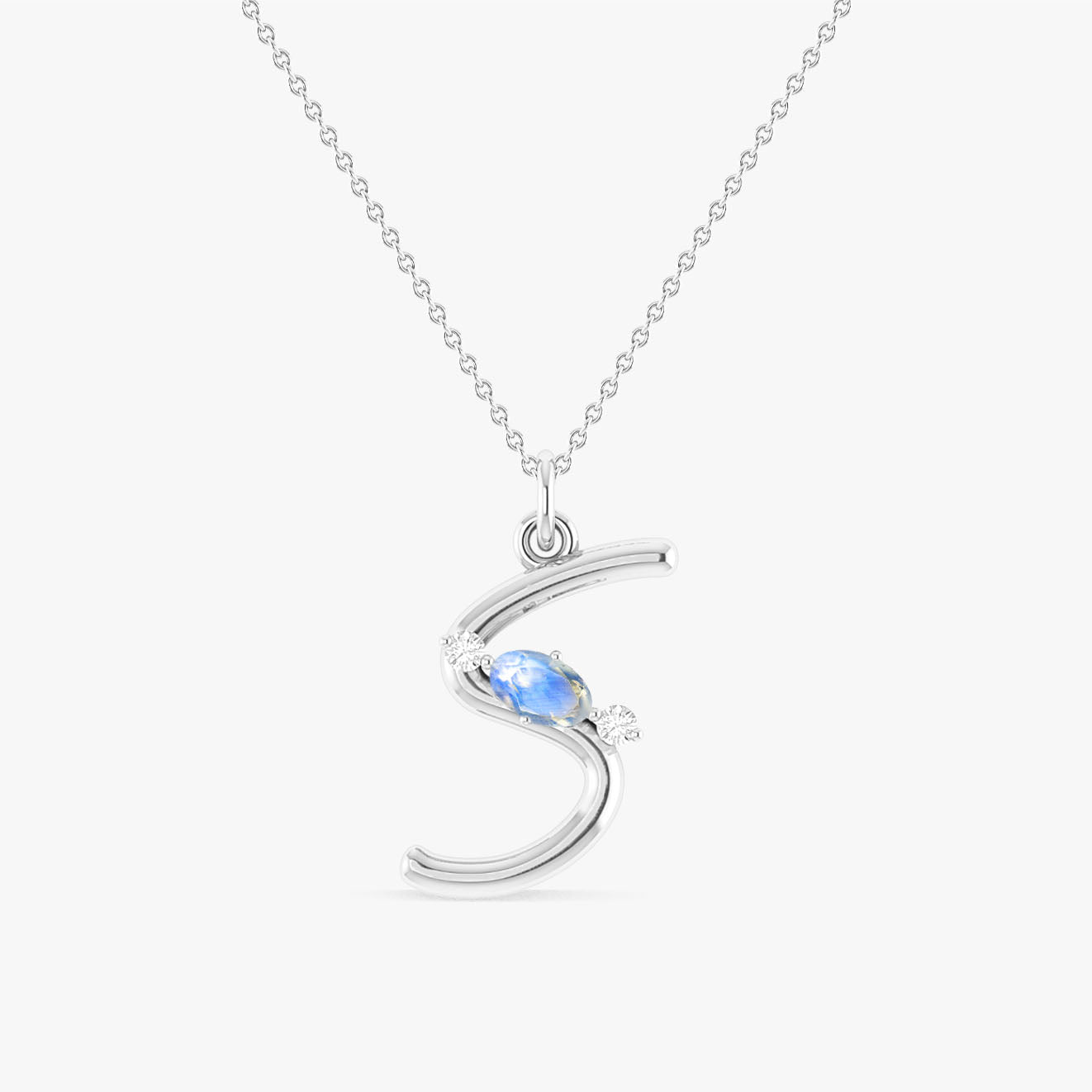Oval Shape Natural Moonstone 'S' Initial Alphabet Pendant Necklace - Goodstone Jewels