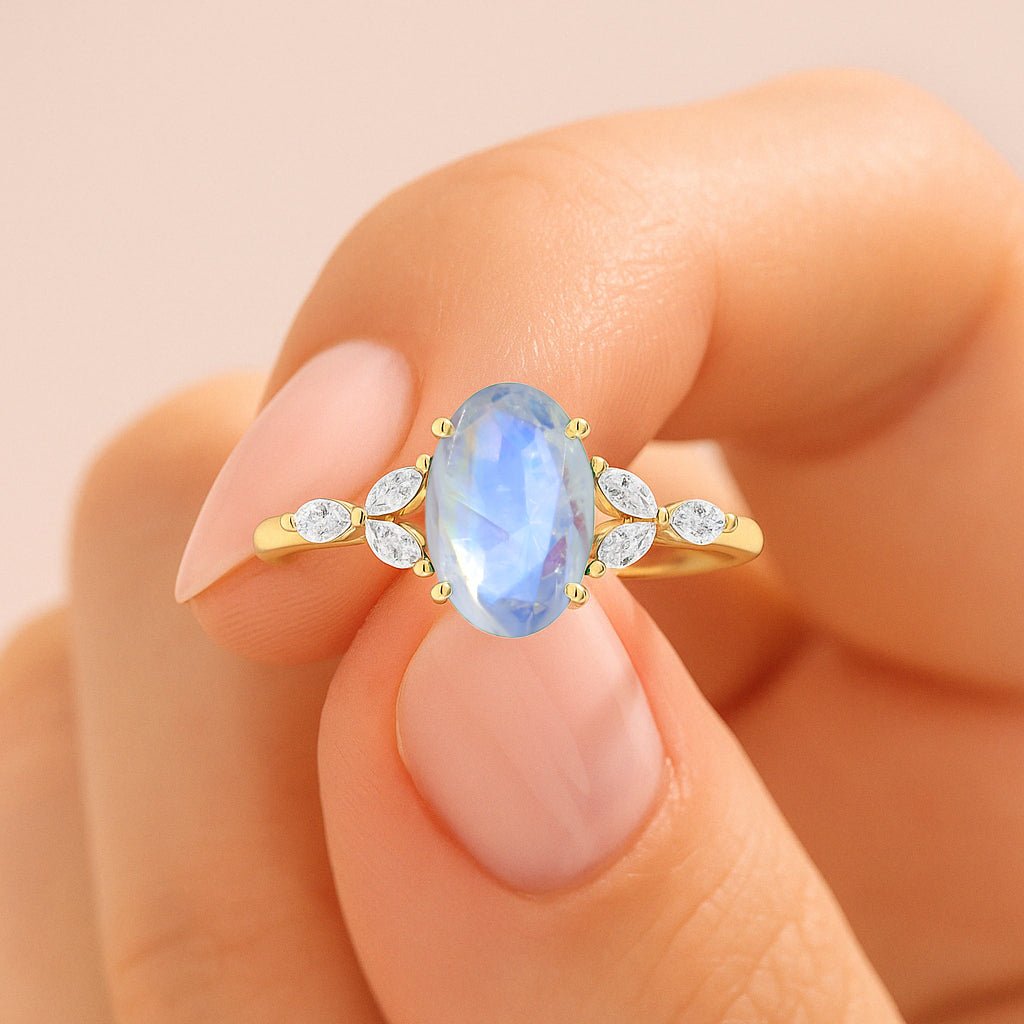 Oval Shape Natural Moonstone Statement Ring in Silver & Yellow Gold Filled - Goodstone Jewels