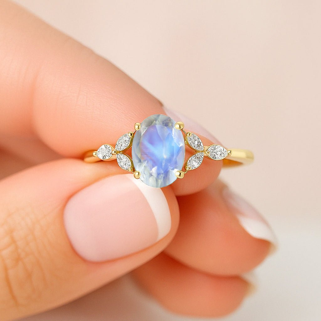 Oval Shape Natural Moonstone Statement Ring in Silver & Yellow Gold Filled - Goodstone Jewels