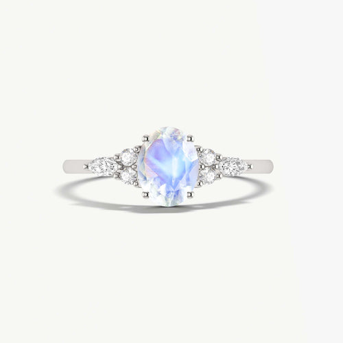 Oval Shape Natural Moonstone & White Zircon Solitaire with Accents Ring