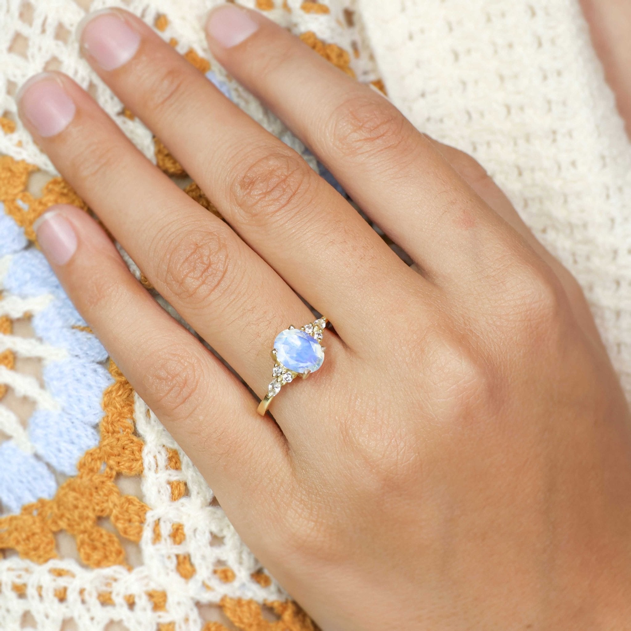 Oval Shape Natural Moonstone & White Zircon Solitaire with Accents Ring - Goodstone Jewels