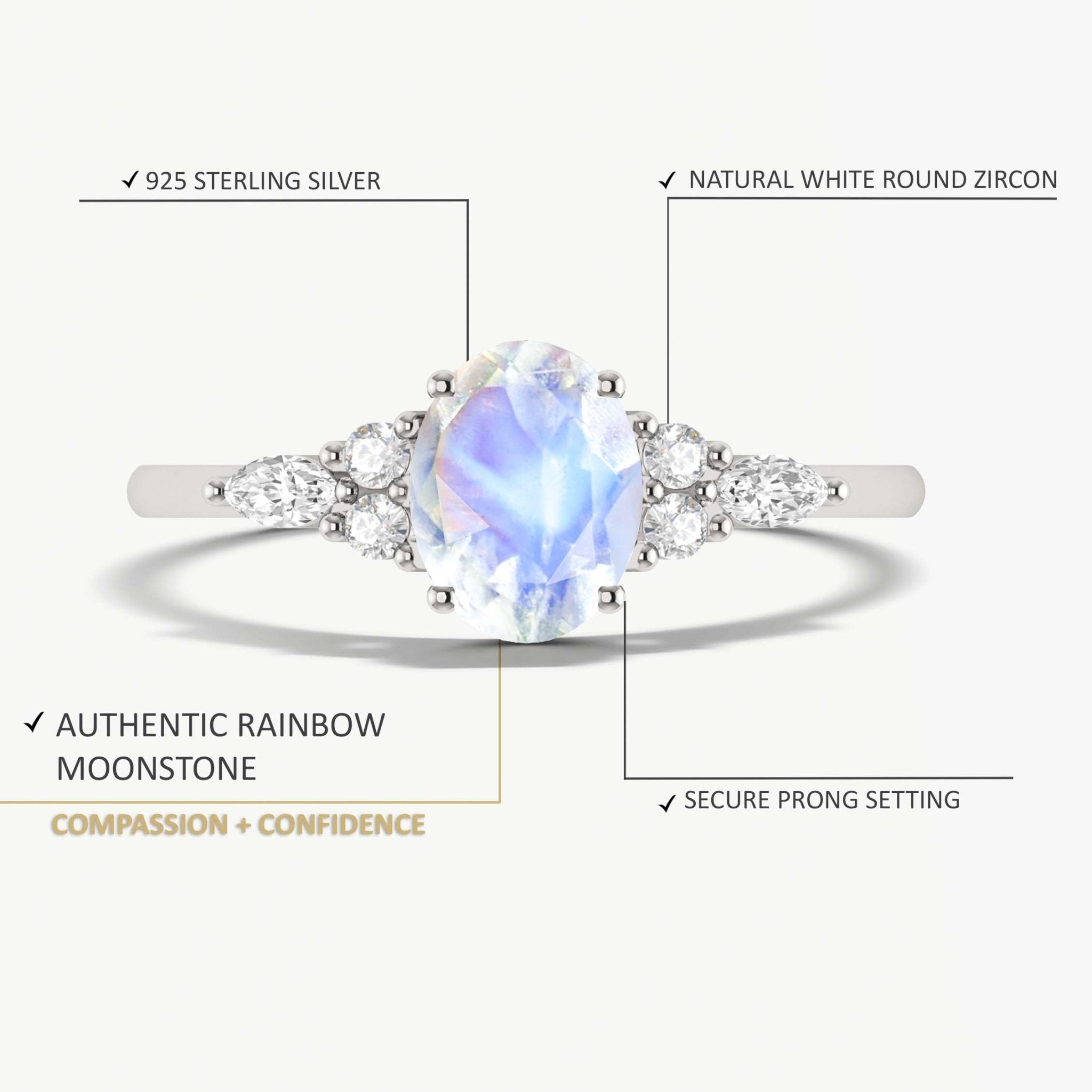 Oval Shape Natural Moonstone & White Zircon Solitaire with Accents Ring - Goodstone Jewels