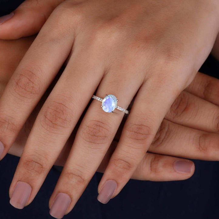 Oval Shape Natural Moonstone with White Zircon Solitaire Wedding Ring - Goodstone Jewels