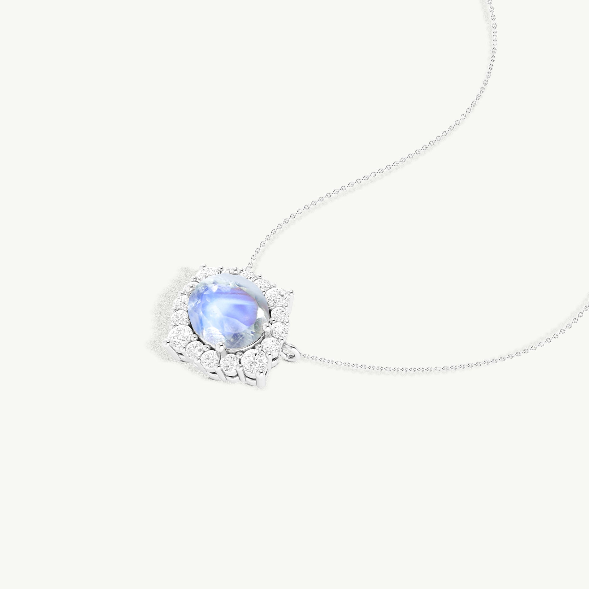 Oval Shape Natural Moonstone with Zircon Halo Pendant Chain Necklace - Goodstone Jewels