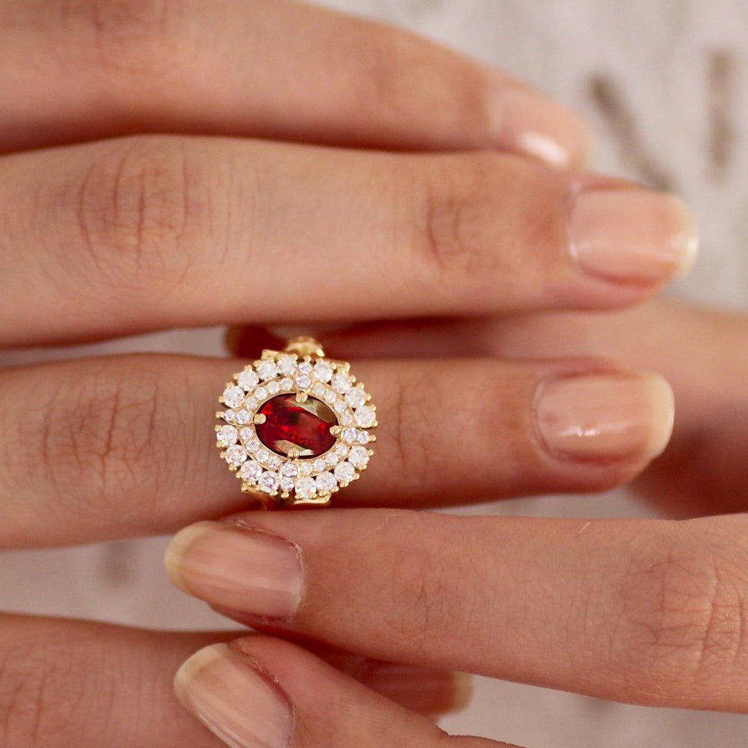 Oval Shape Natural Ruby Double Halo Wedding Ring - Goodstone Jewels