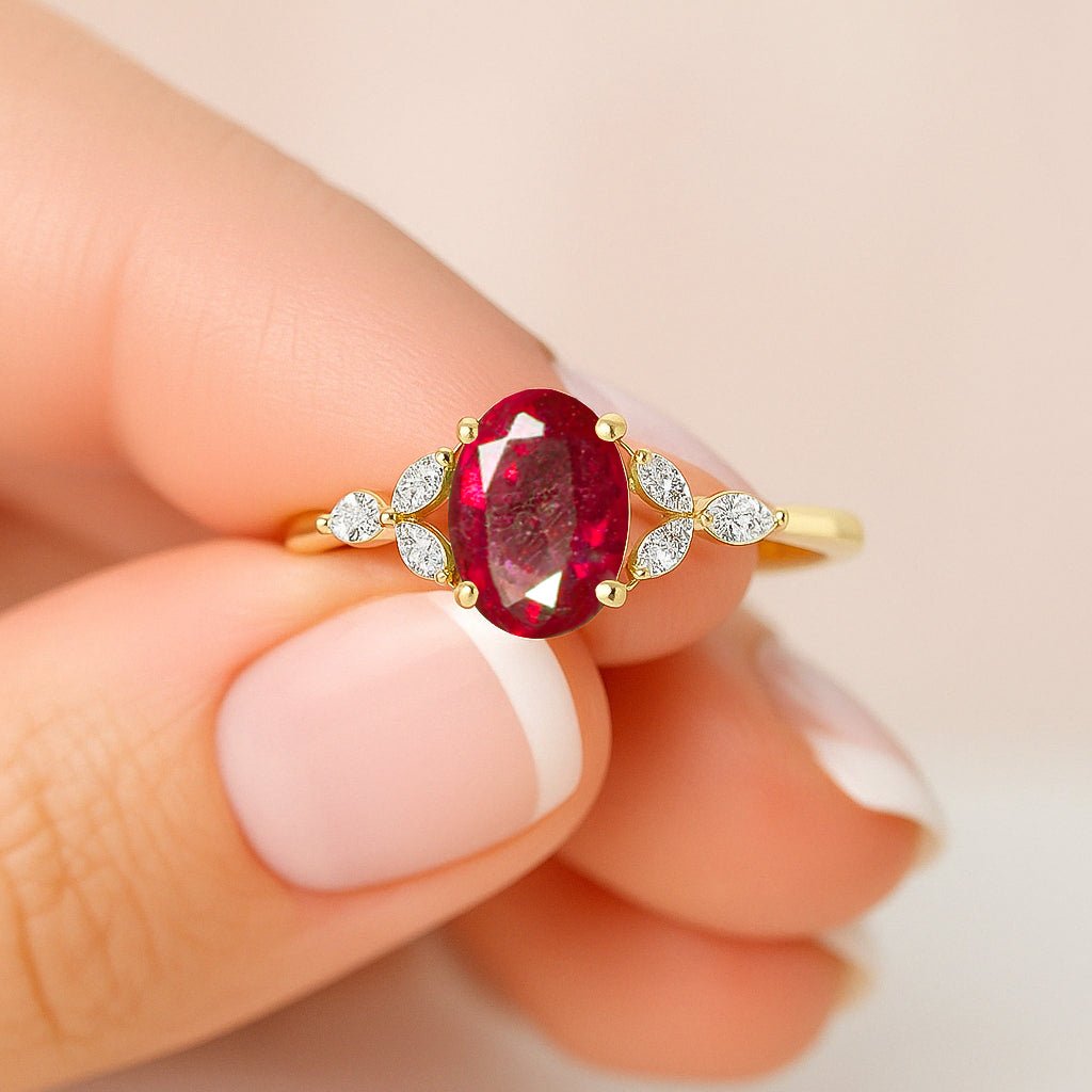 Oval Shape Natural Ruby Statement Ring in Silver & Yellow Gold Filled - Goodstone Jewels