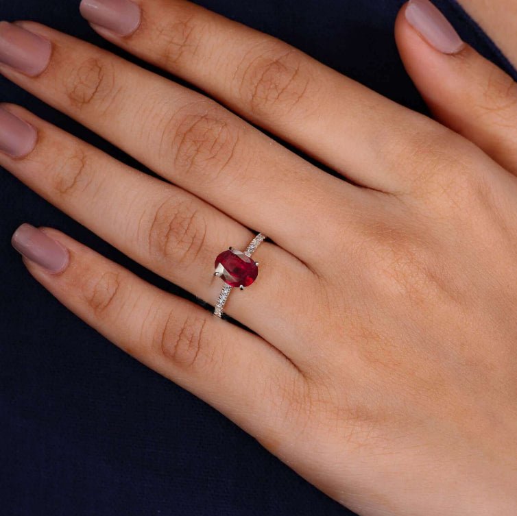 Oval Shape Natural Ruby with White Zircon Solitaire Wedding Ring - Goodstone Jewels